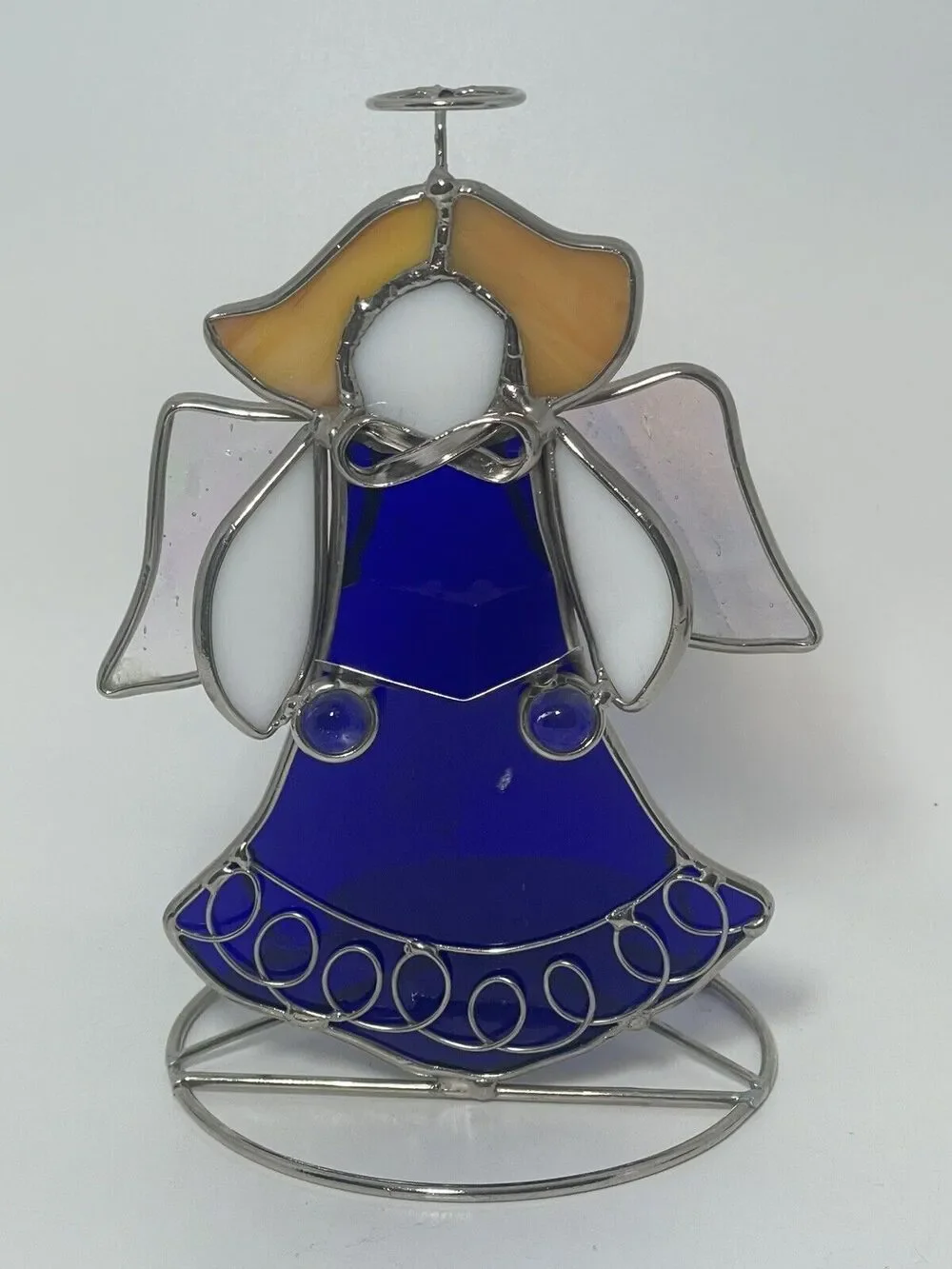 Blue Angel Tealight Candle Holder Silver Metal Frame Stained Glass 7